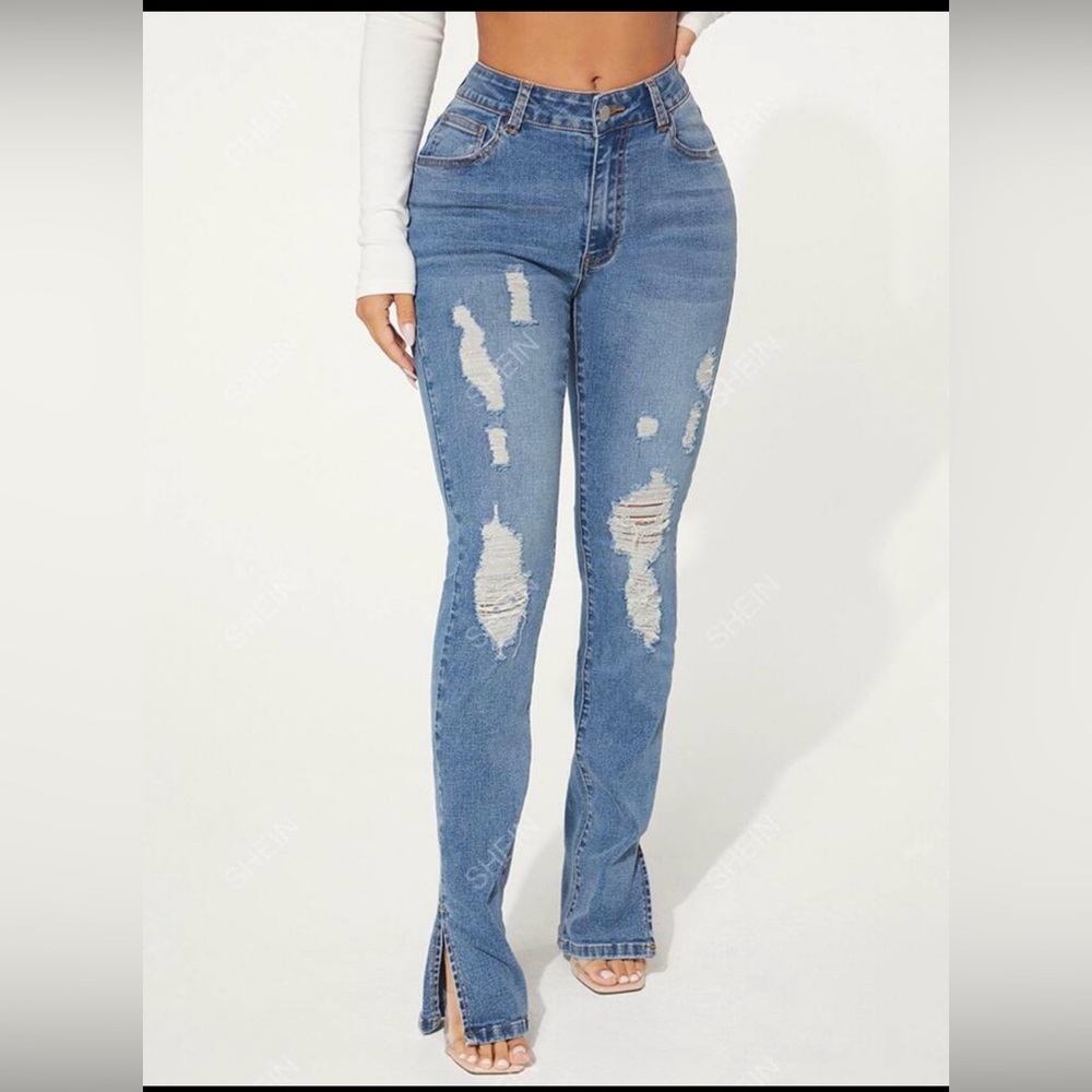 SHEIN SXY Ripped Slit Hem Skinny Jeans